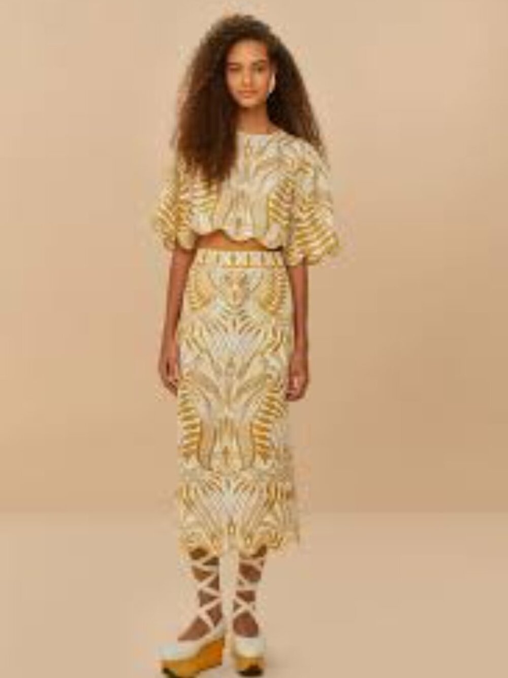 FARM Rio Off White/Pale Yellow Lace Nature Linen Crop Top, Size XXS
